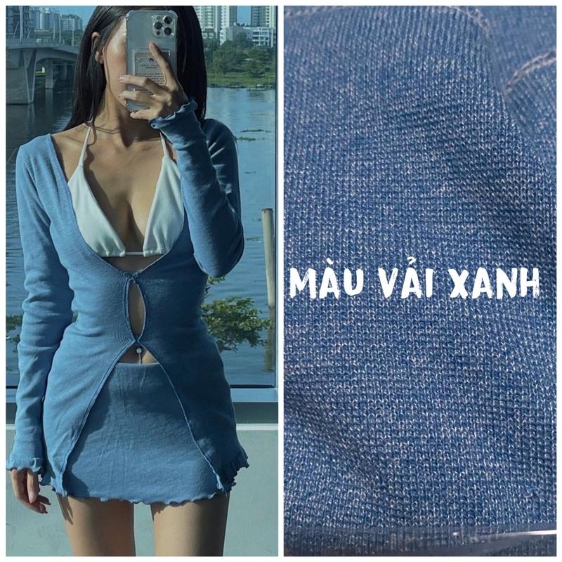 Áo croptop tay dài thiết kế xanh chân váy ôm body áo ngực trắng sexy carrotxinhdep chất vải co giãn đi biển +