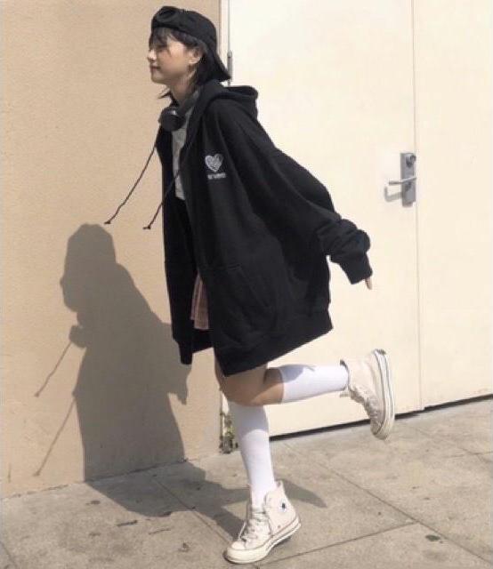 Áo khoác hoodie Heart Unisex Saranghae hình trái tim thêu chất nỉ bông dây kéo form rộng