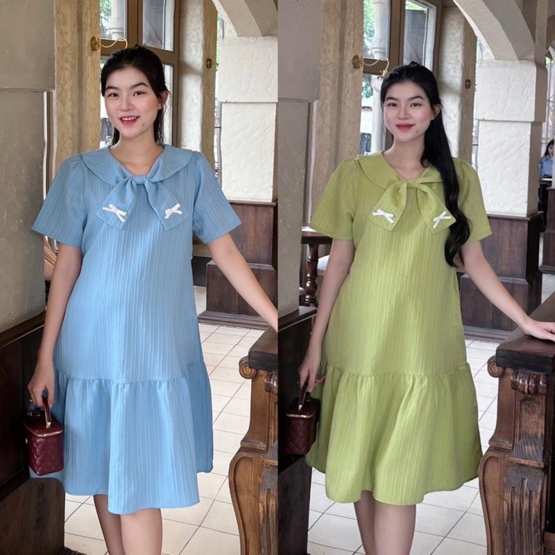 Đầm Bầu Phom Đuôi Cá Phối Cổ Thắt Nơ Chất Xốp Hàn, Nhẹ Mát, Dễ Chịu - Hồng