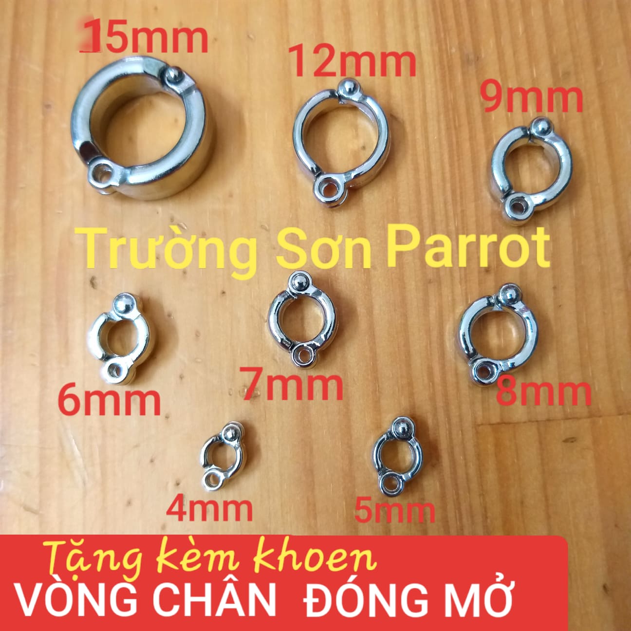 1 VÒNG CHÂN CHO VẸT DẠNG ĐÓNG MỞ đủ size (NHẪN ĐEO CHÂN cho vẹt) BẰNG INOX dùng để đeo xích cho chim