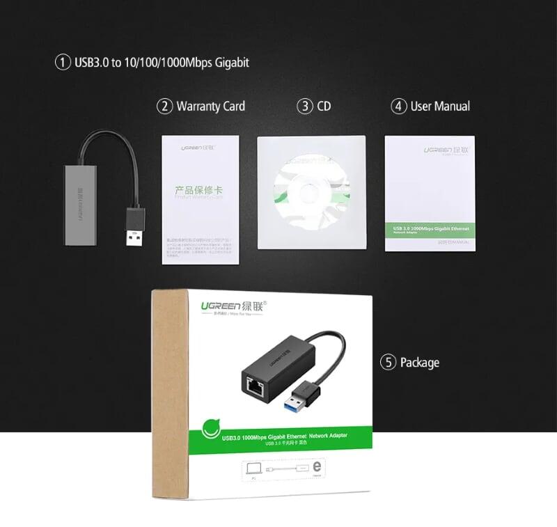 Ugreen UG20256CR111TK 15CM màu Đen Cáp chuyển đổi USB 3.0 sang cổng LAN RJ45 tốc độ 1000Mbps vỏ nhựa - HÀNG CHÍNH HÃNG