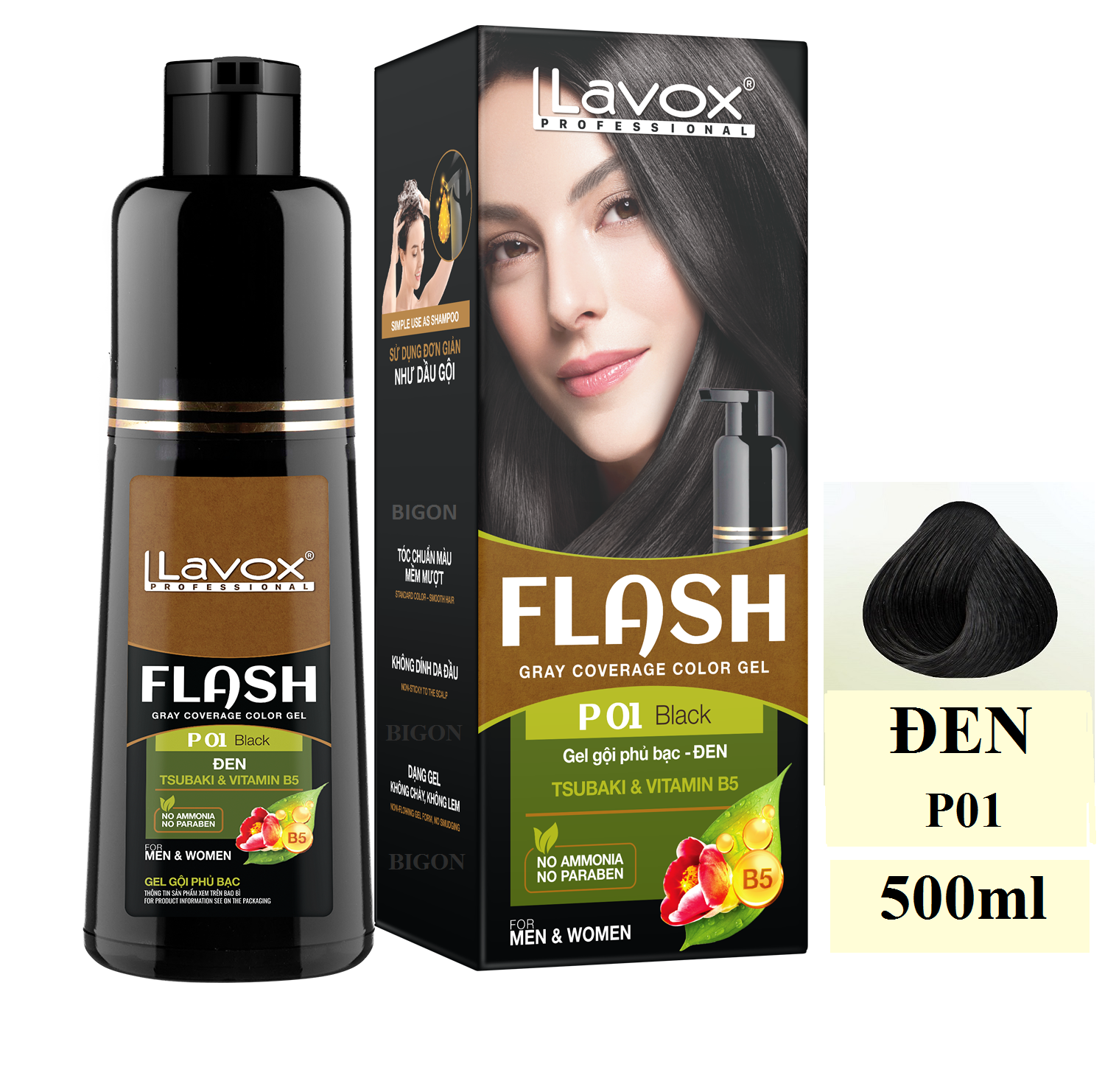 Dầu Gội Nhuộm Tóc Đen Phủ Bạc Thảo Dược Siêu Dưỡng LAVOX FLASH 500ml - P01