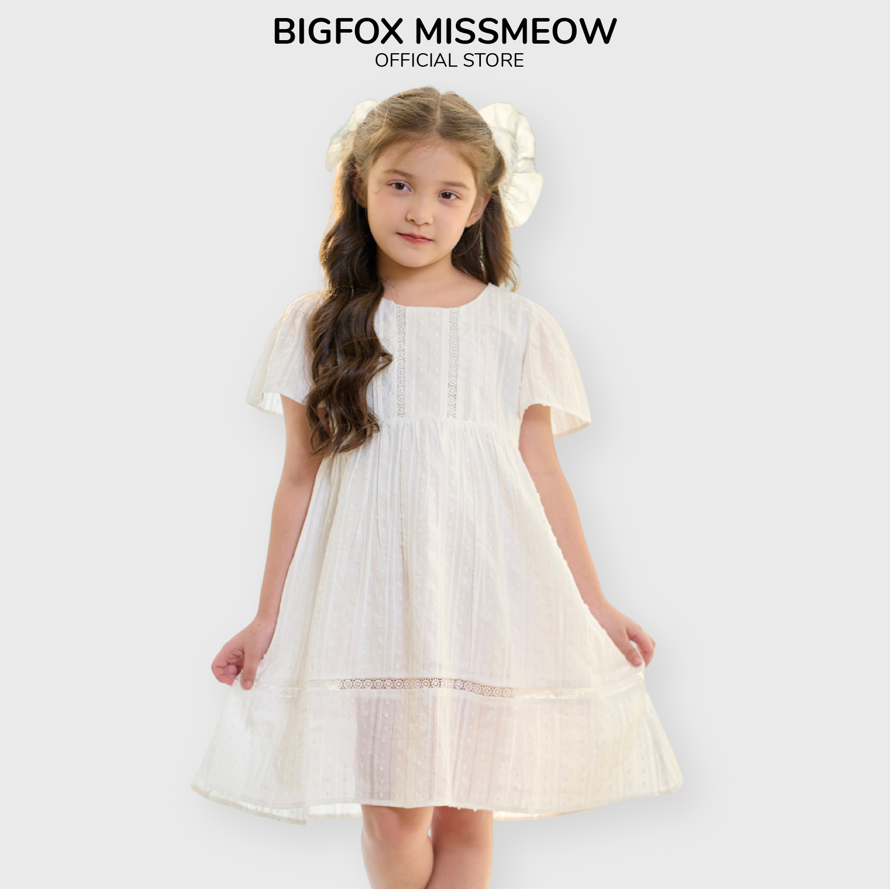Váy đầm trắng ngắn tay cho bé gái Bigfox Miss Meow size đại mùa hè phối ren kiểu dáng babydoll dễ thương cỡ 3-11  tuổi