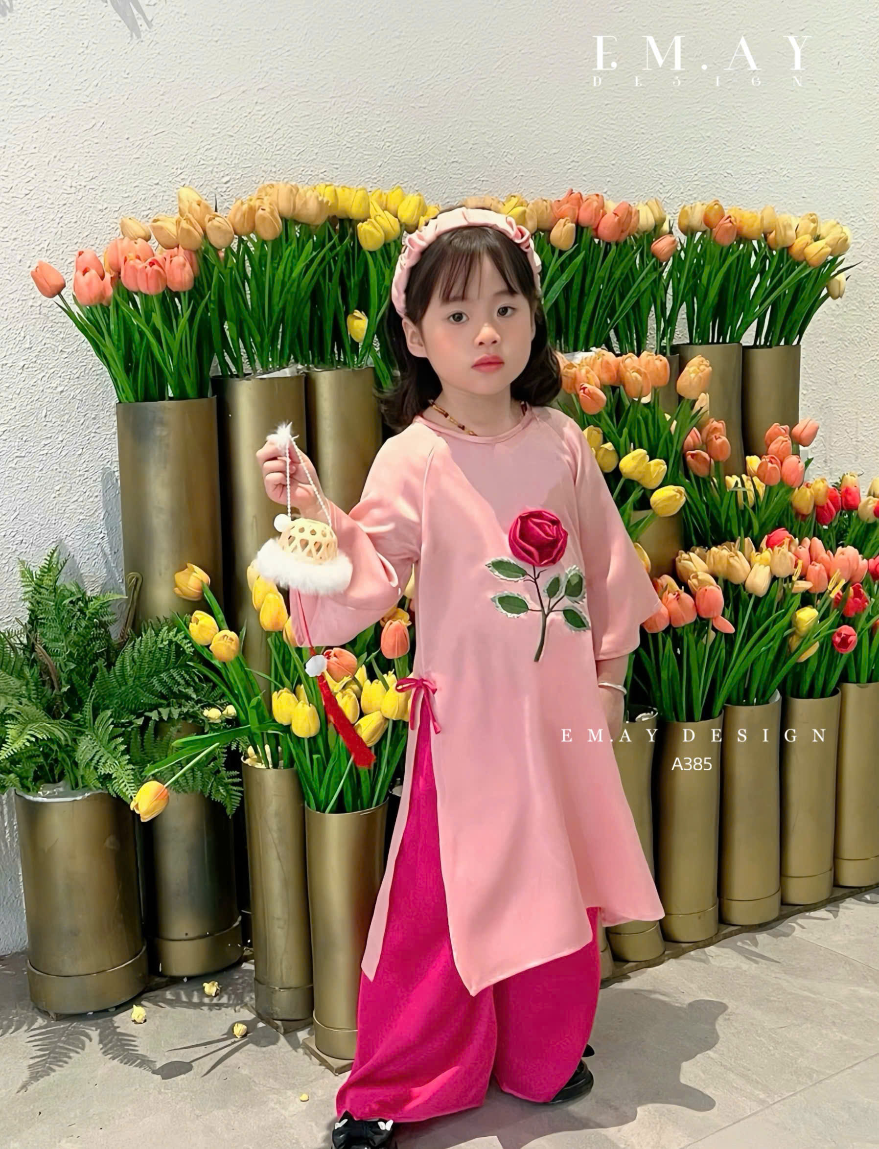 Áo dài cho bé gái mẫu Hoa hồng mùa xuân xinh xắn diện lễ tết năm mới từ 12-50kg hàng thiết kế cao cấp