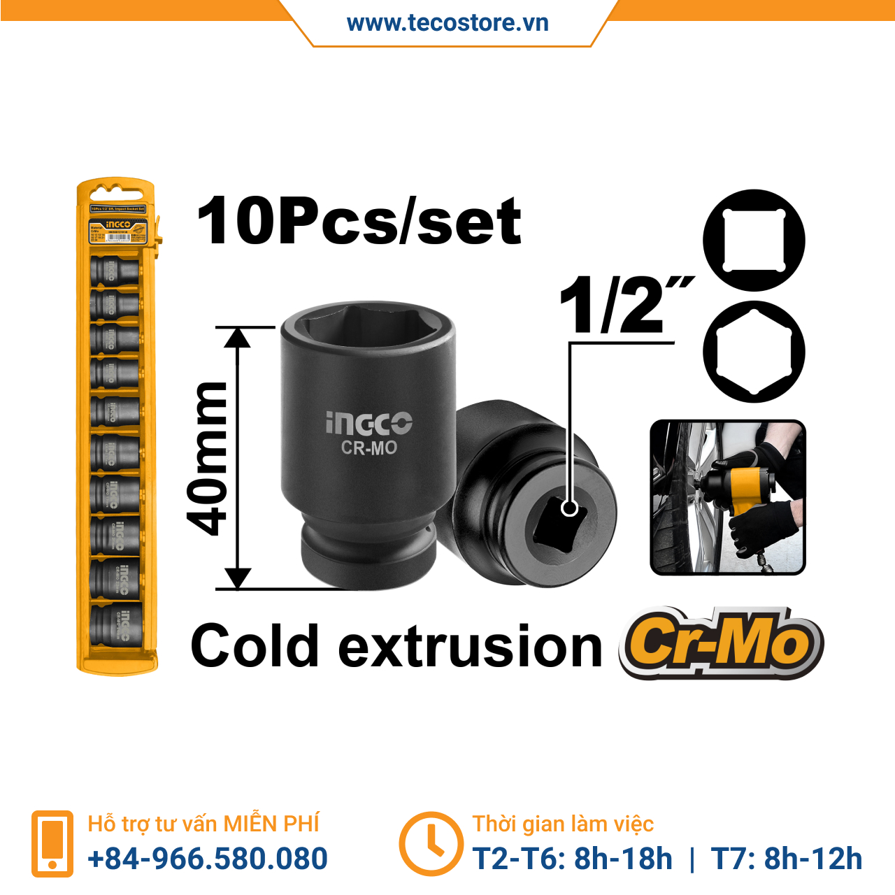 Bộ 10 đầu khẩu 1/2" INGCO HKISSD12101