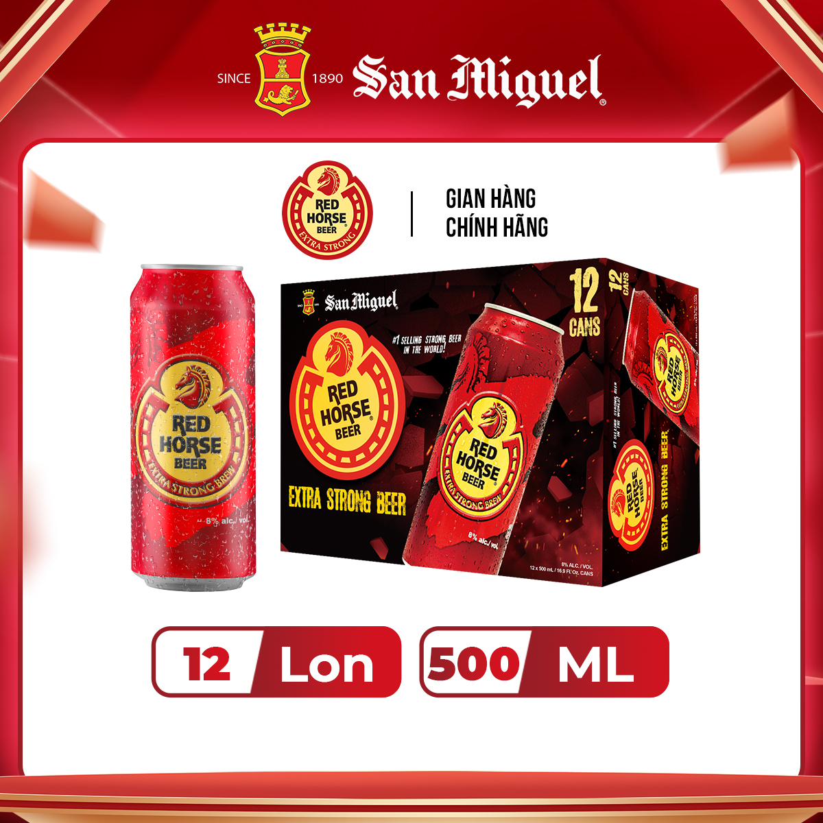 Thùng 12 Lon Bia SAN MIGUEL Red Horse 500 ml