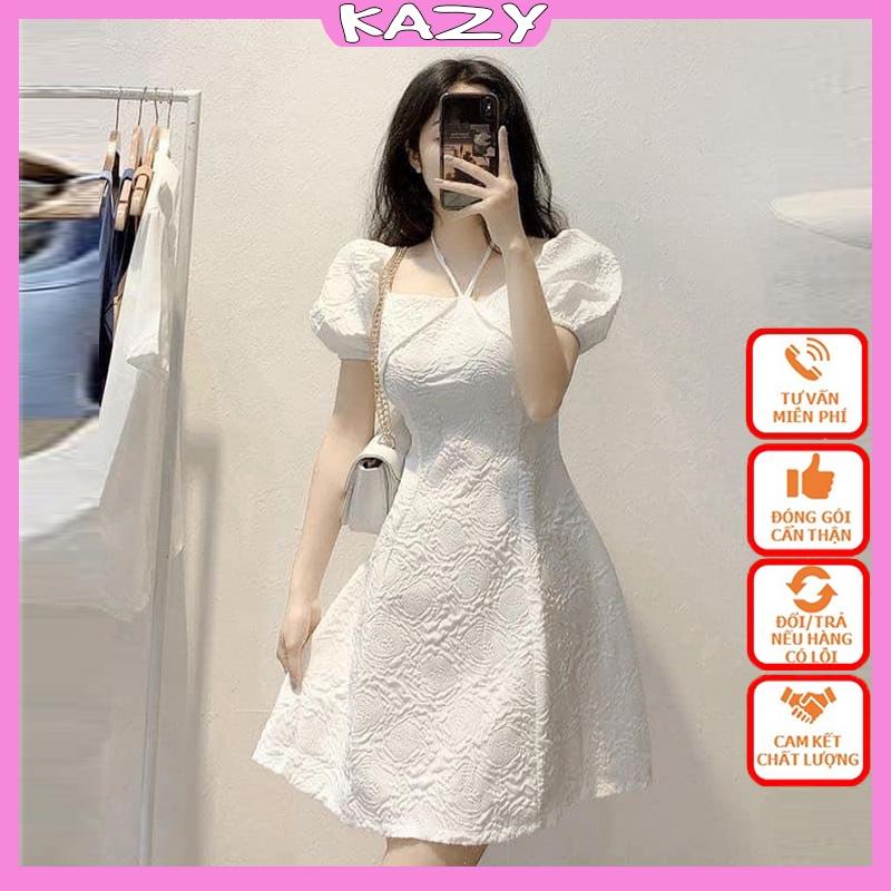 Váy trắng tiểu thư tay bồng, Váy trắng dự tiệc hoa văn xốp KAZY STORE V15