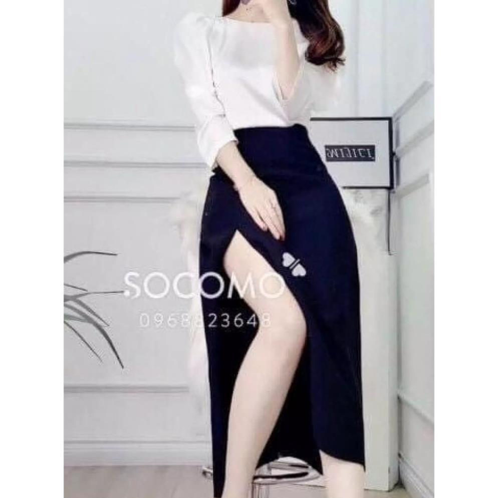 TSL-Set Váy áo trắng kèm chân váy xẻ tà màu đen Nữ Thiết Kế Tiểu Thư Đen Trắng Umi Cao Cấp