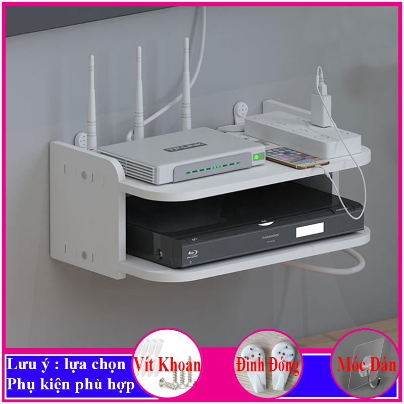 Kệ treo tường, kệ đặt modem wifi, đầu thu kỹ thuật số, remote, điện thoại, chất liệu gỗ Pitech cao cấp màu trắng