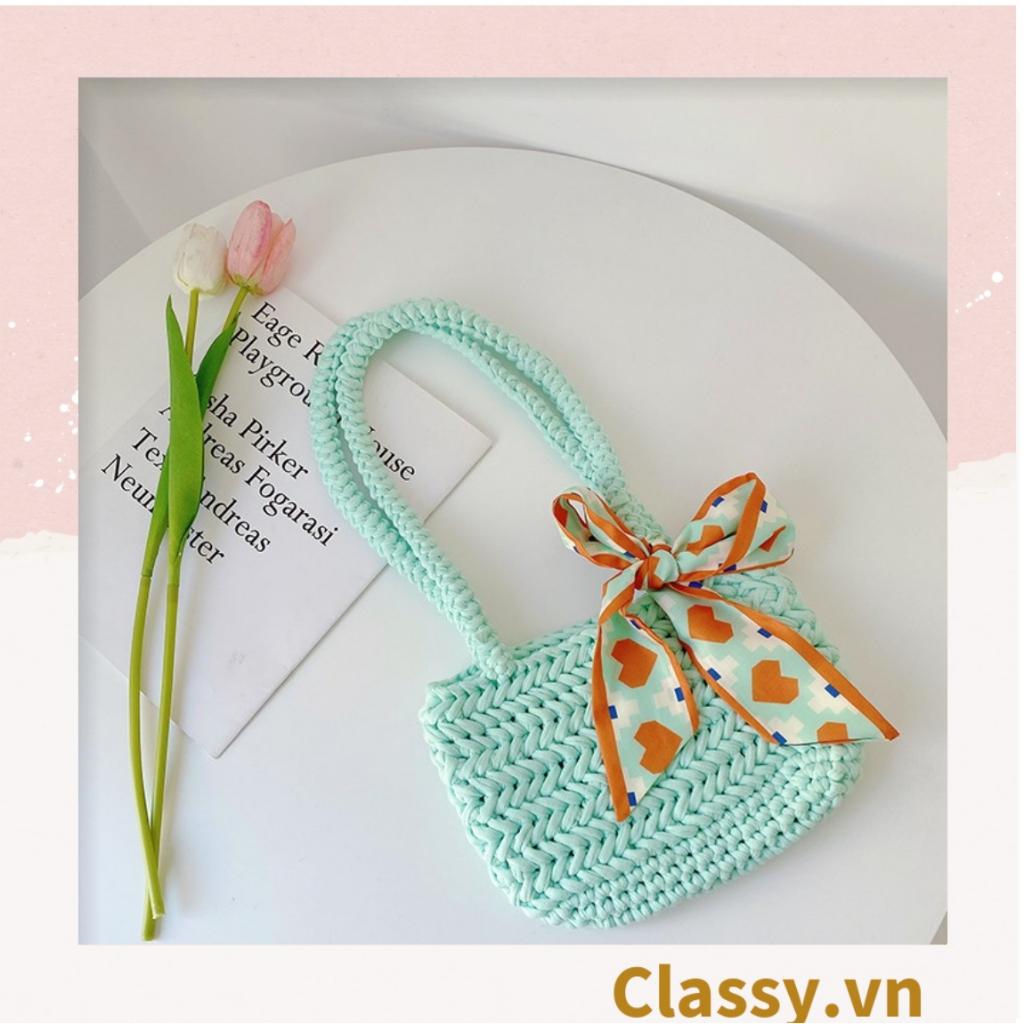 Túi làm từ sợi len nhiều màu pastel Classy, quai xách chắc chắn có đính kèm nơ thời trang T1240