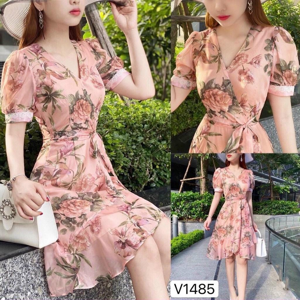 Váy Nữ Lụa Hoa Cổ V Cột Dây Eo Thời Trang Dạo Phố Sang Trọng Thời Trang - Winchois