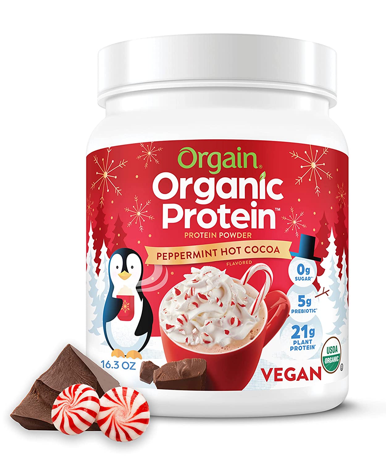 Bột protein hữu cơ thuần chay Orgain Organic Protein Peppermint Hot Cocoa Seasonal Holiday Flavor 462g