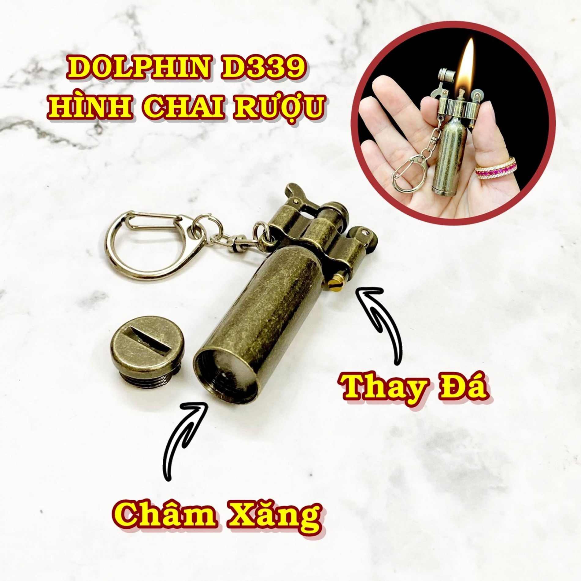 Hột quẹt bật lửa móc khóa Dolphin xăng đá cổ hình chai rượu D339 - xài xăng