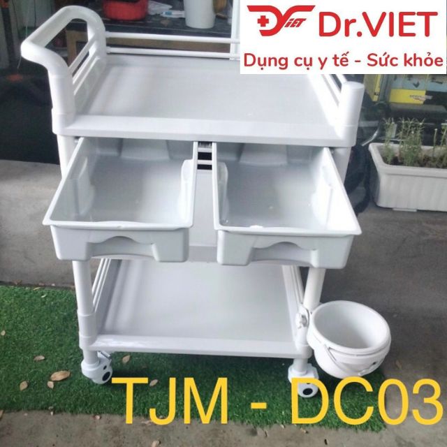 Xe đẩy dụng cụ tiêm nhựa ABS TJM-DC03.H2L Loại 3 tầng cở lớn, 2 hộc kéo, 1 chậu (L)