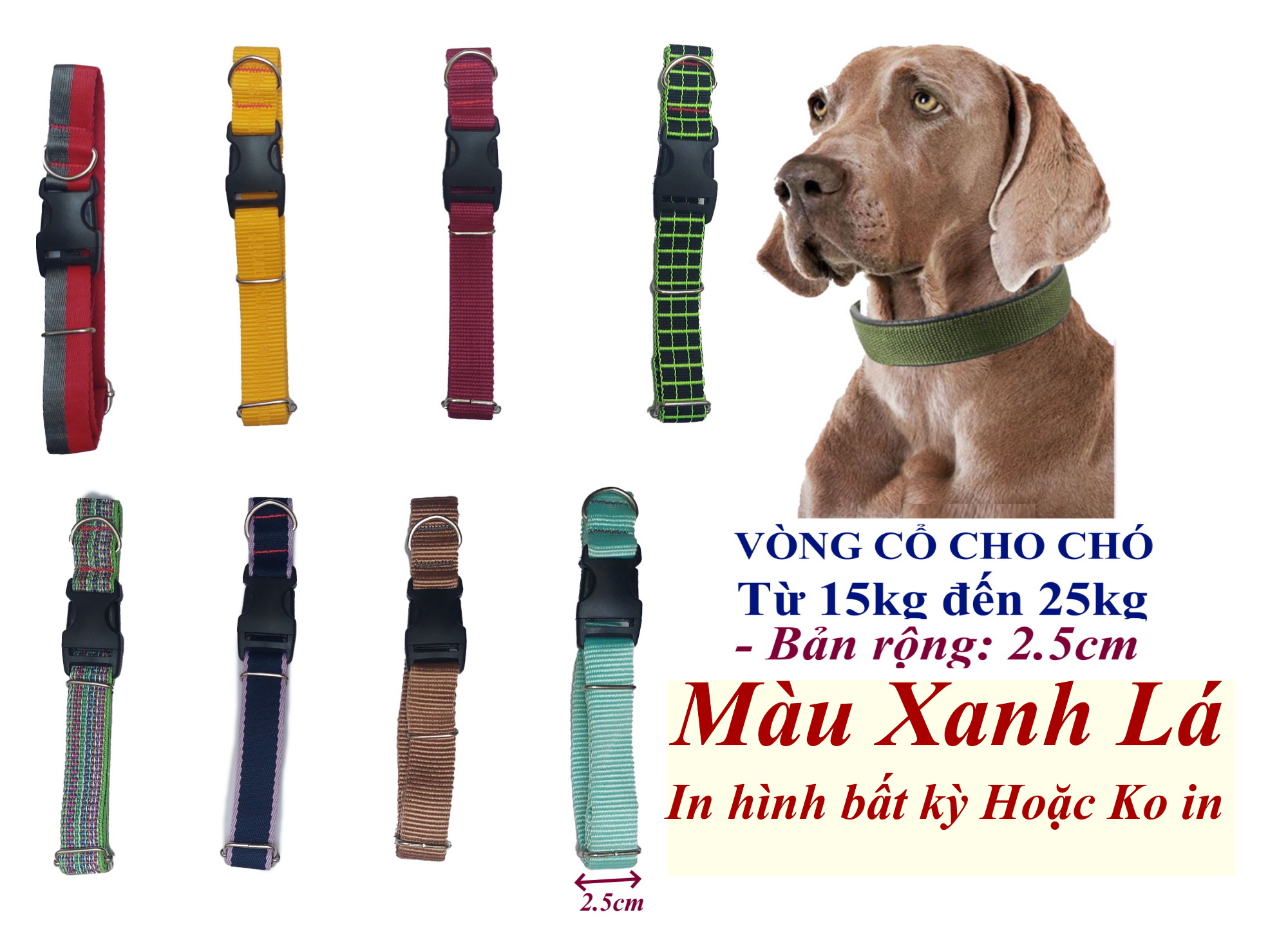 Vòng cổ cho Chó từ 15kg đến 25kg Bản rộng 2.5cm Chất liệu dù cao cấp, Dày, Chắc chắn, An toàn cho thú cưng, SX tại VN