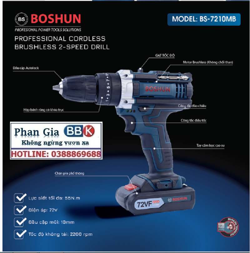 MÁY KHOAN PIN BẮT VÍT BOSHUN 72V CÓ BÚA - 3 CHỨC NĂNG - MOTOR 100% DÂY ĐỒNG - BẢO HÀNH 12 THÁNG