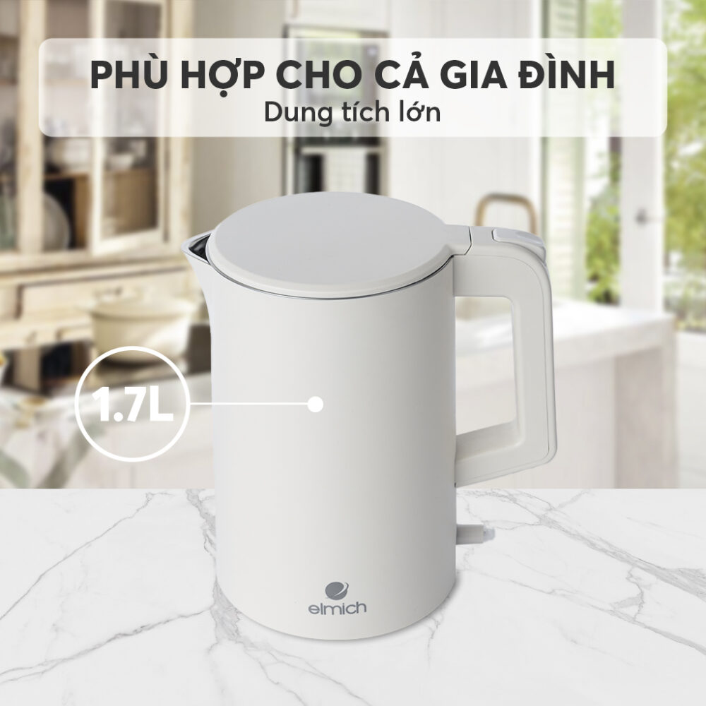 Ấm Đun Nước Siêu Tốc Elmich KEE9144 1.7L 1850W, Hàng Chính Hãng, Inox 304, Đun Sôi Nhanh 45s-JoyMall