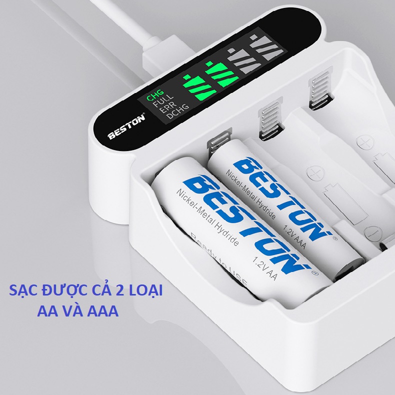 Bộ 4 pin sạc AA 3300 mAh Dung lượng cao kèm Sạc pin Beston C9023L, có tính năng sạc nhanh, tự ngắt khi đầy, màn hình LCD thông minh, dùng cho micro karaoke, máy ảnh, đồ chơi trẻ em, đồng hồ treo tường - Hàng nhập khẩu