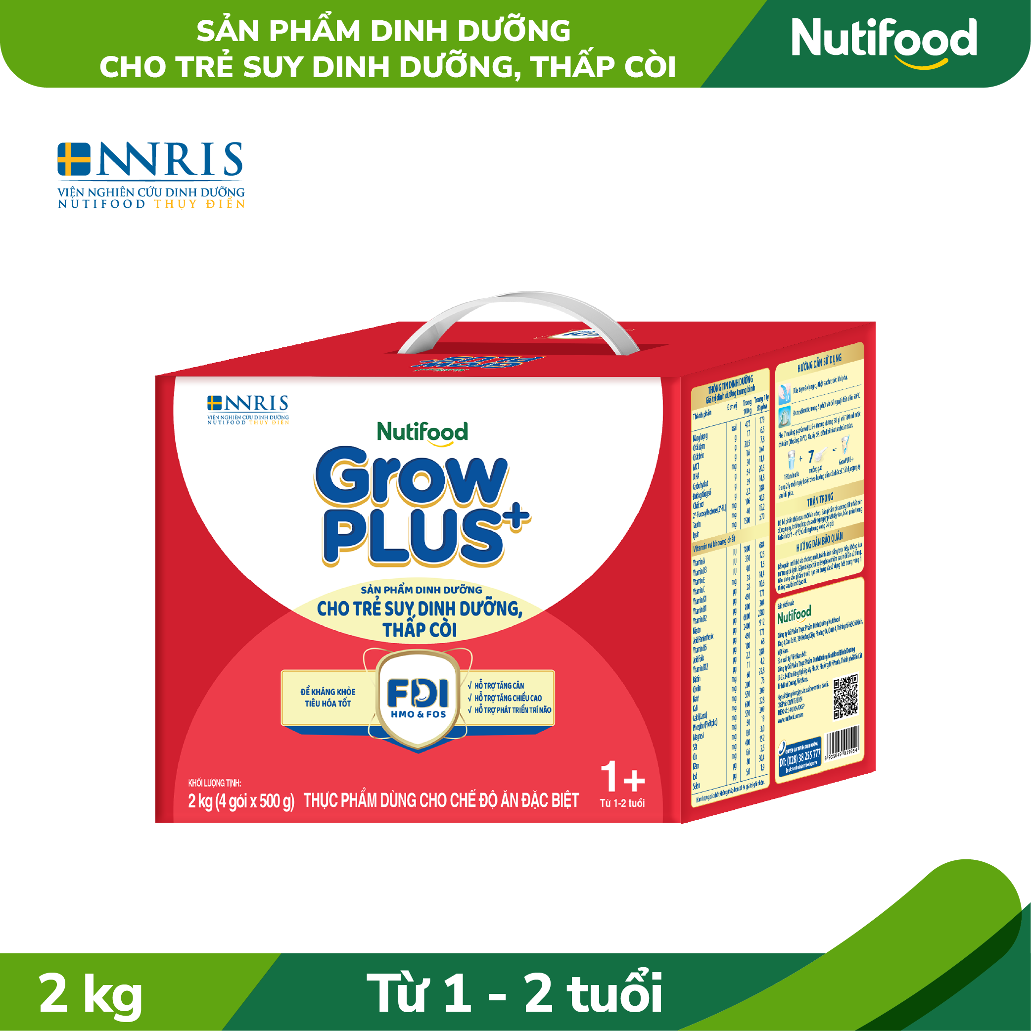 Sữa bột Nutifood GrowPLUS+ Suy Dinh Dưỡng (Đỏ) 1+ Hộp Giấy 2 KG