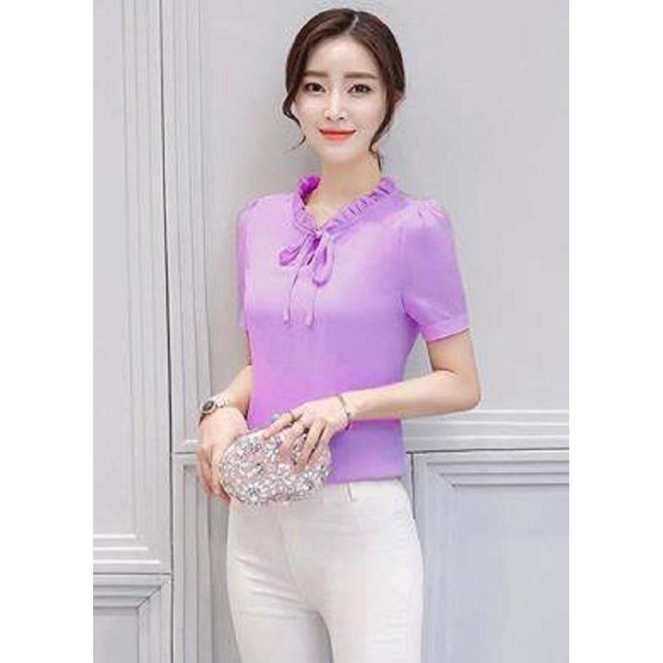 Aó công sở cổ nhún cột nơ tay con