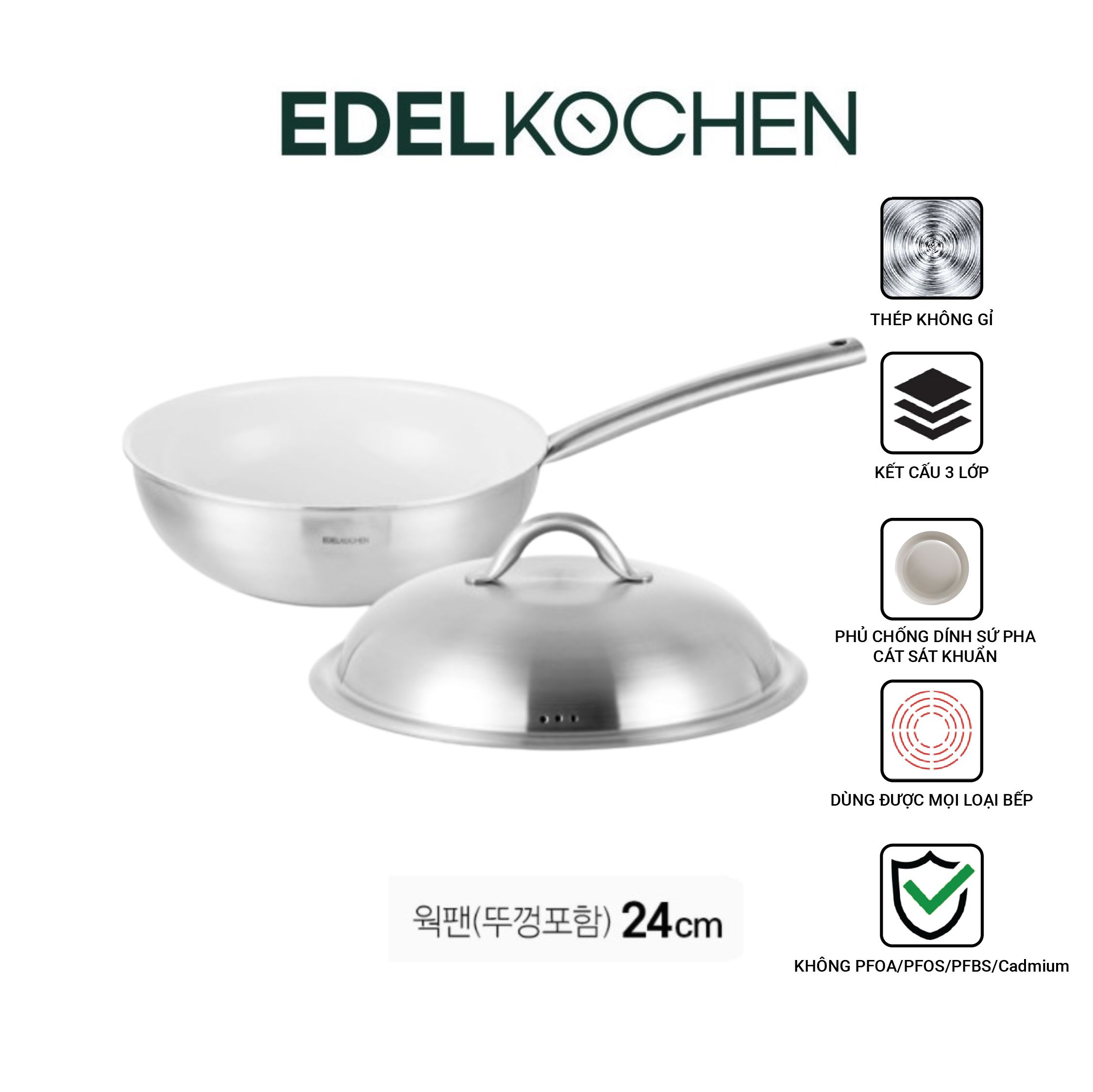 Chảo chống dính Edelkochen Easy Prism Cream sâu lòng 24cm