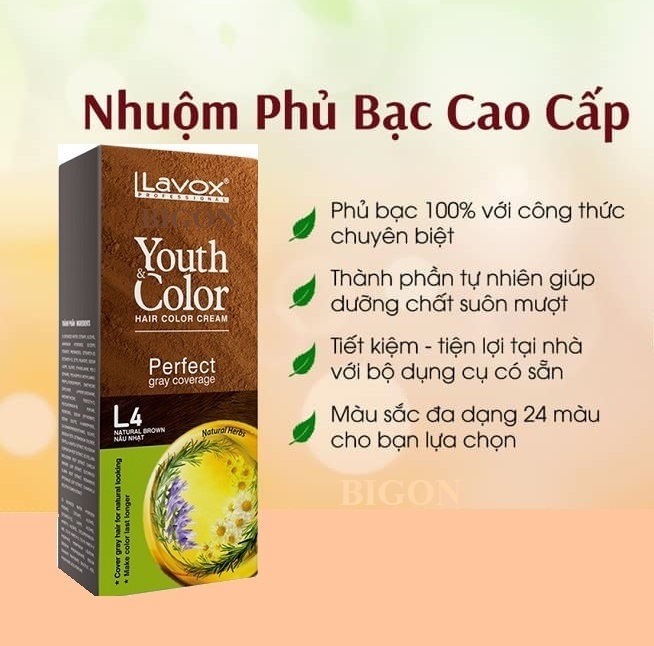 Nâu Hạt Dẻ #L4 (Mẫu Cũ Nâu Nhạt) Kem Nhuộm Dưỡng Tóc Phủ Bạc Lavox Youth&amp;Color L4