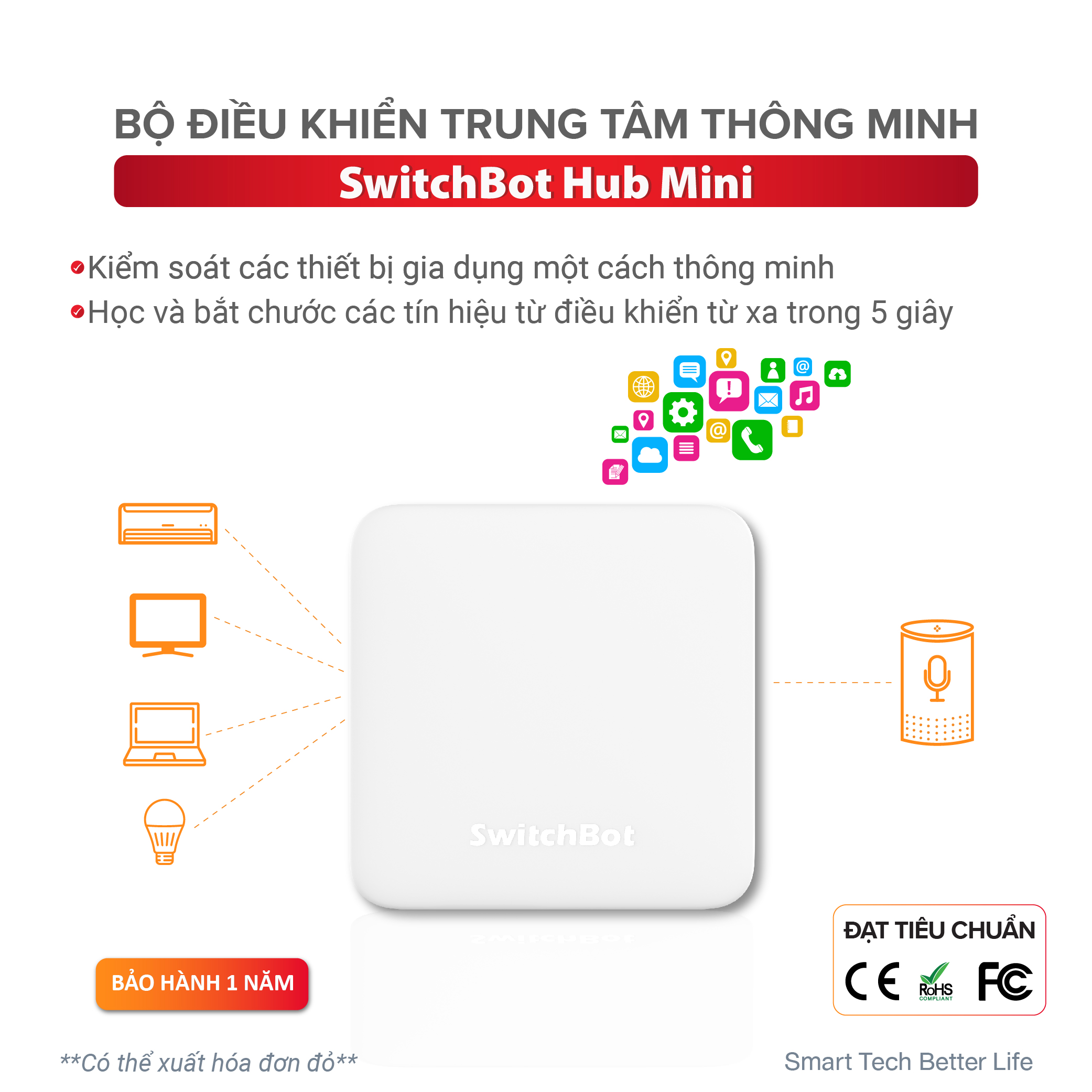 Bộ điều khiển trung tâm thông minh SWITCHBOT Hub Mini -Hàng chính hãng- IR blaster, kết nối Wifi cho các thiết bị cùng hệ, điều khiển máy lạnh, tương thích với Alexa, Google Home, HomePod, IFTTT