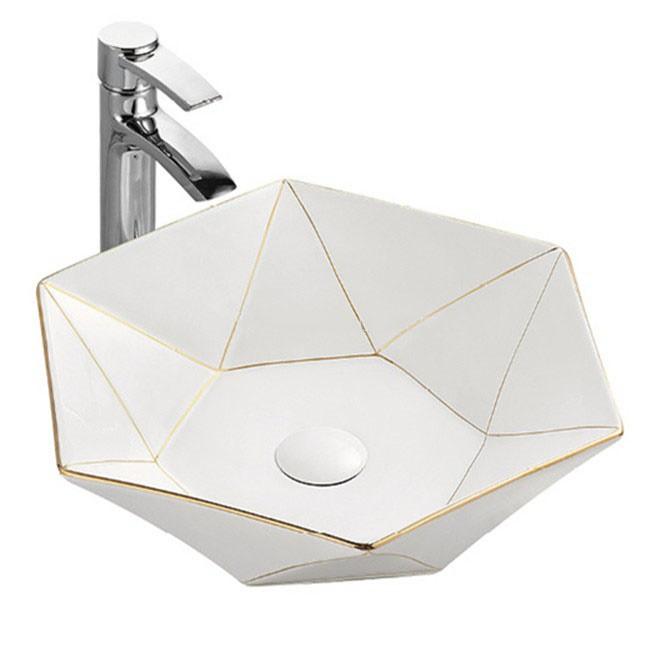 Chậu sứ lavabo đặt bàn màu trắng hoặc trắng viền vàng hình lục giác tuyệt đẹp