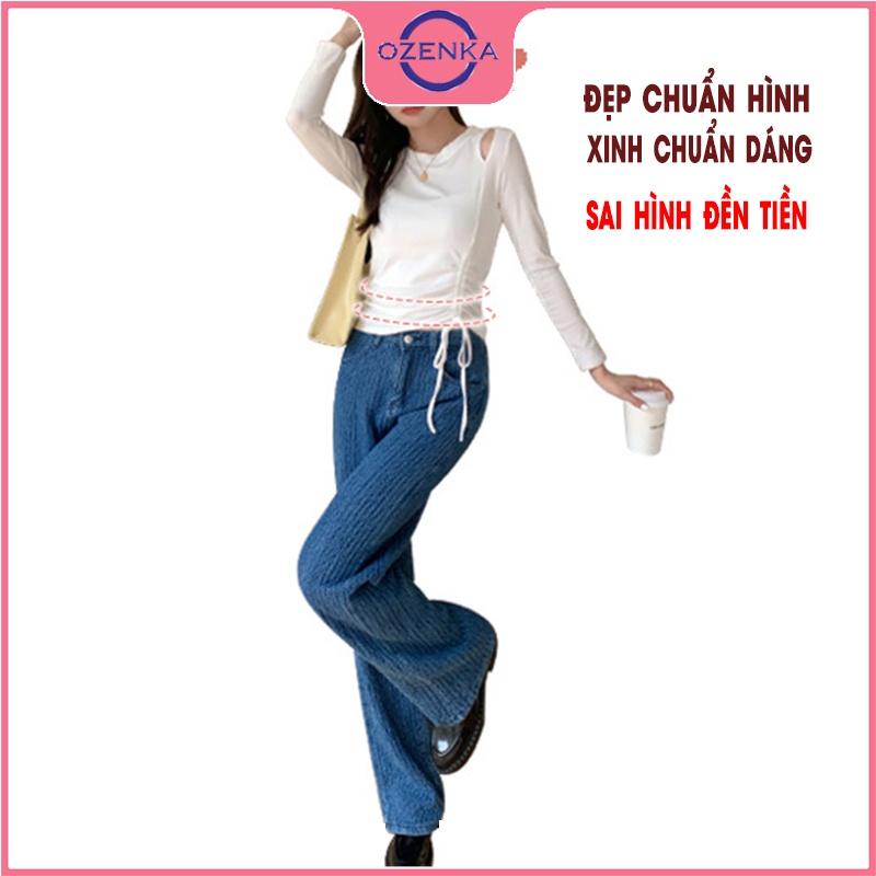 Áo thun croptop tay dài rút dây hở vai OZENKA , crt ôm body nữ đẹp thun gân 100% cotton màu đen trắng dưới 50 kg