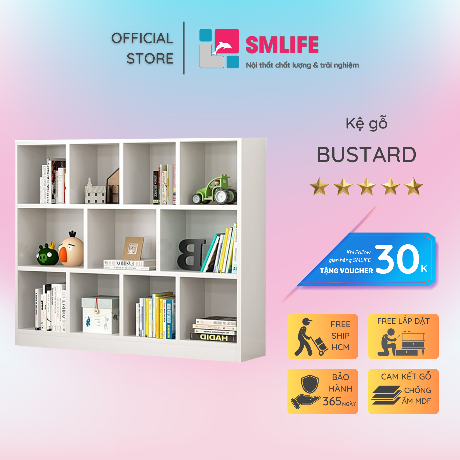 Kệ sách, kệ trang trí gỗ hiện đại SMLIFE Bustard  | Gỗ MDF dày 17mm chống ẩm | D120xR28xC100cm