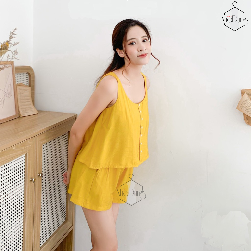 Đồ mặc nhà đồ ngủ nữ vải đũi nhăn mềm có túi cách điệu nút áo xinh xắn size từ 40-70kg