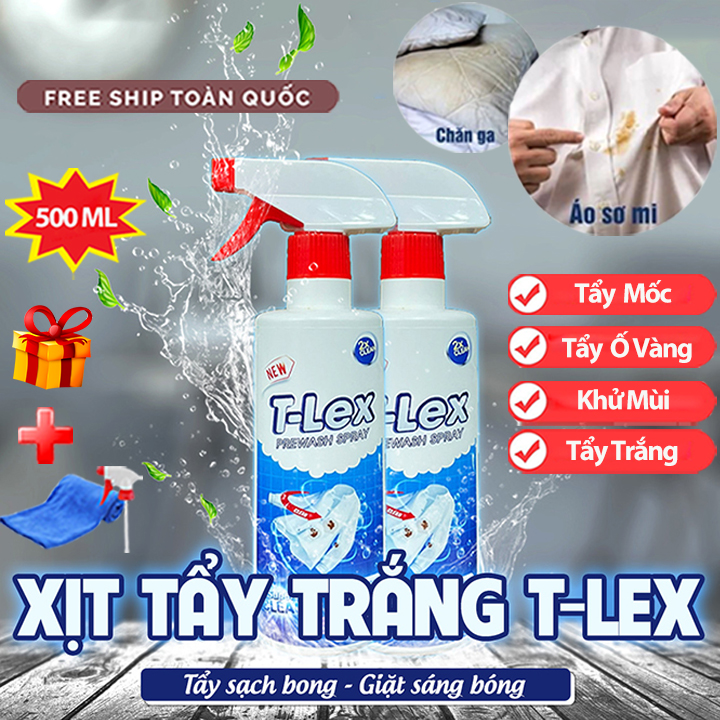 Chai Tẩy Trắng Quần Áo T-LEX 500ml, Tẩy Mốc, Ố Vàng, Không Phai Màu - Dùng Cả Vải Trắng, Màu [Tặng Viên Tẩy