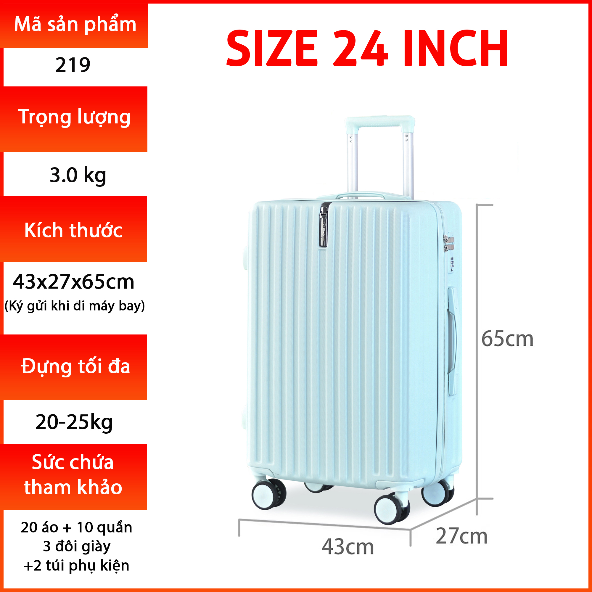 Vali kéo du lịch cao cấp bảo hành chính hãng Size 24inch- KS 219 - Hồng nhạt