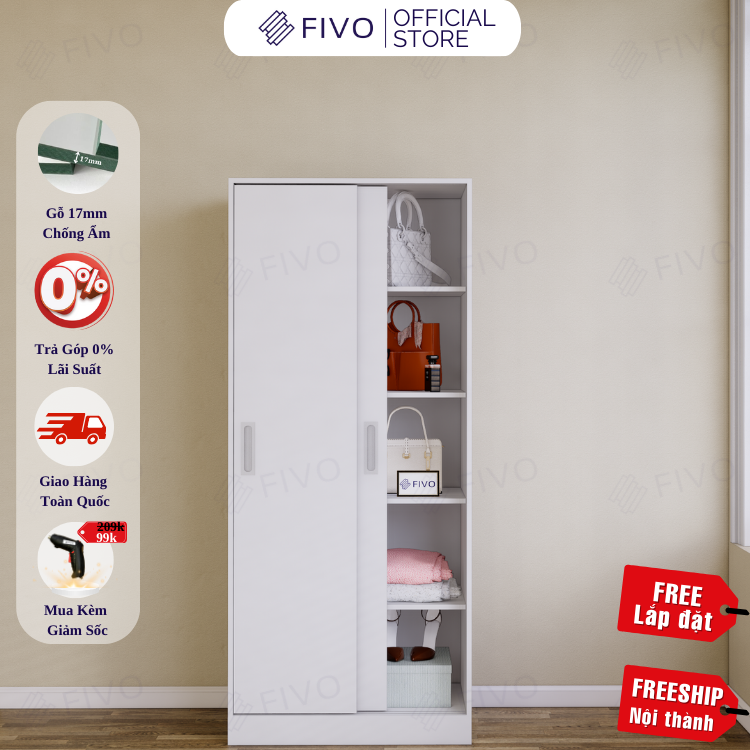 Tủ Đựng Quần Áo Gỗ Cửa Lùa Màu Trắng FIVO FC31 Gỗ Chống Ẩm Dày Dặn, Dễ Dàng Lắp Ráp, Không Gian Rộng Rãi
