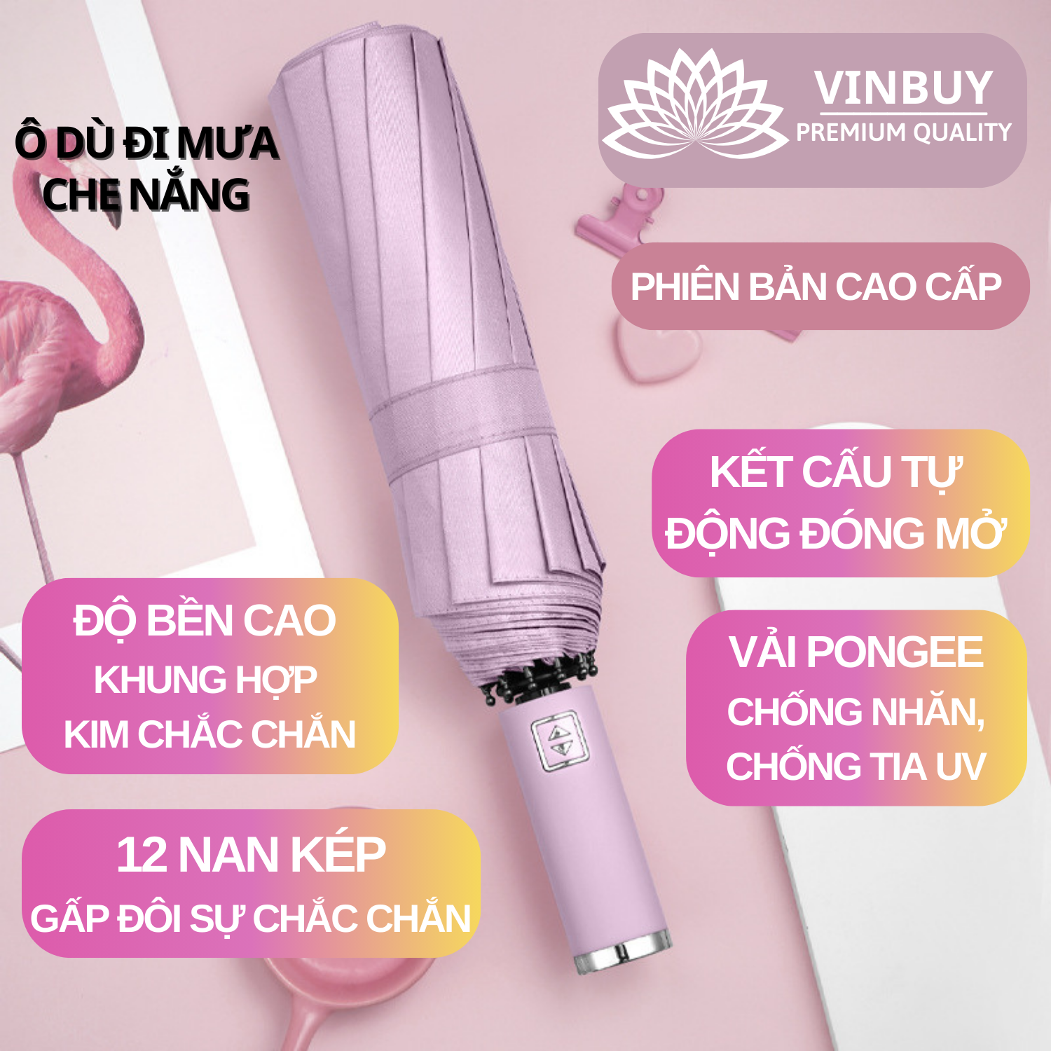 Ô Dù Che Mưa Nắng Gấp Gọn 2 Chiều Vải Hai Lớp Chống Thấm Cao Cấp – Hàng Chính Hãng 