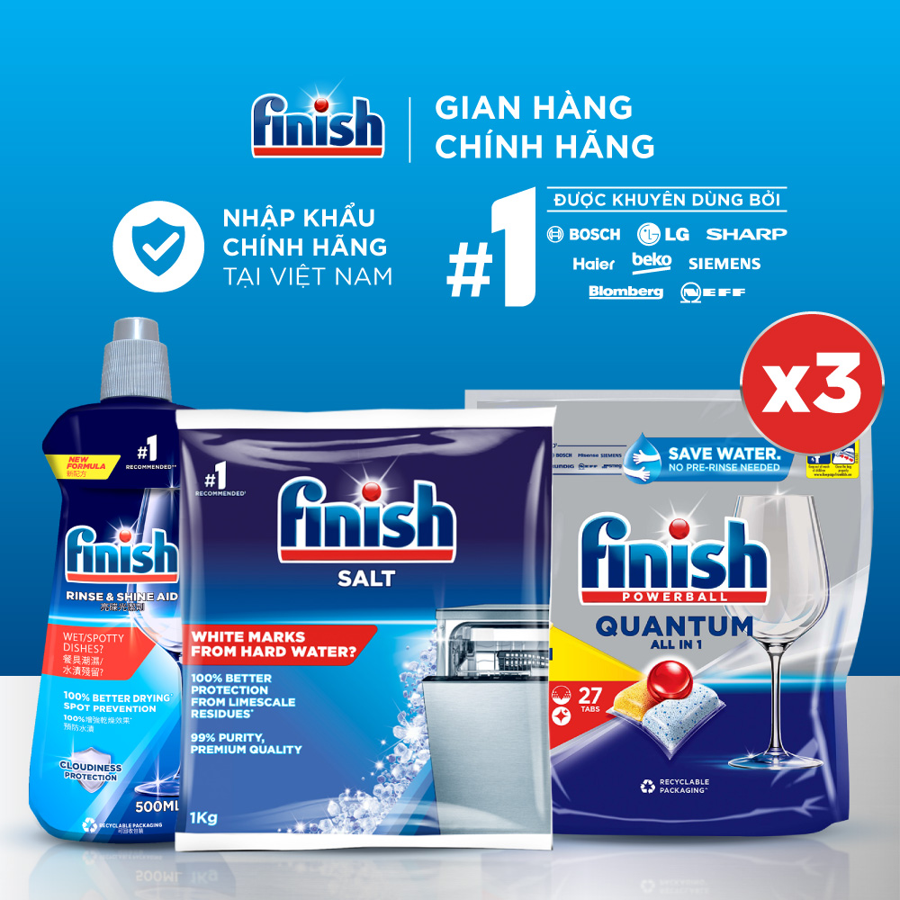 Combo Finish toàn diện: Bộ 3 túi viên rửa chén Quantum 27 viên + Nước làm bóng 500ml + Muối rửa chén bát 1kg