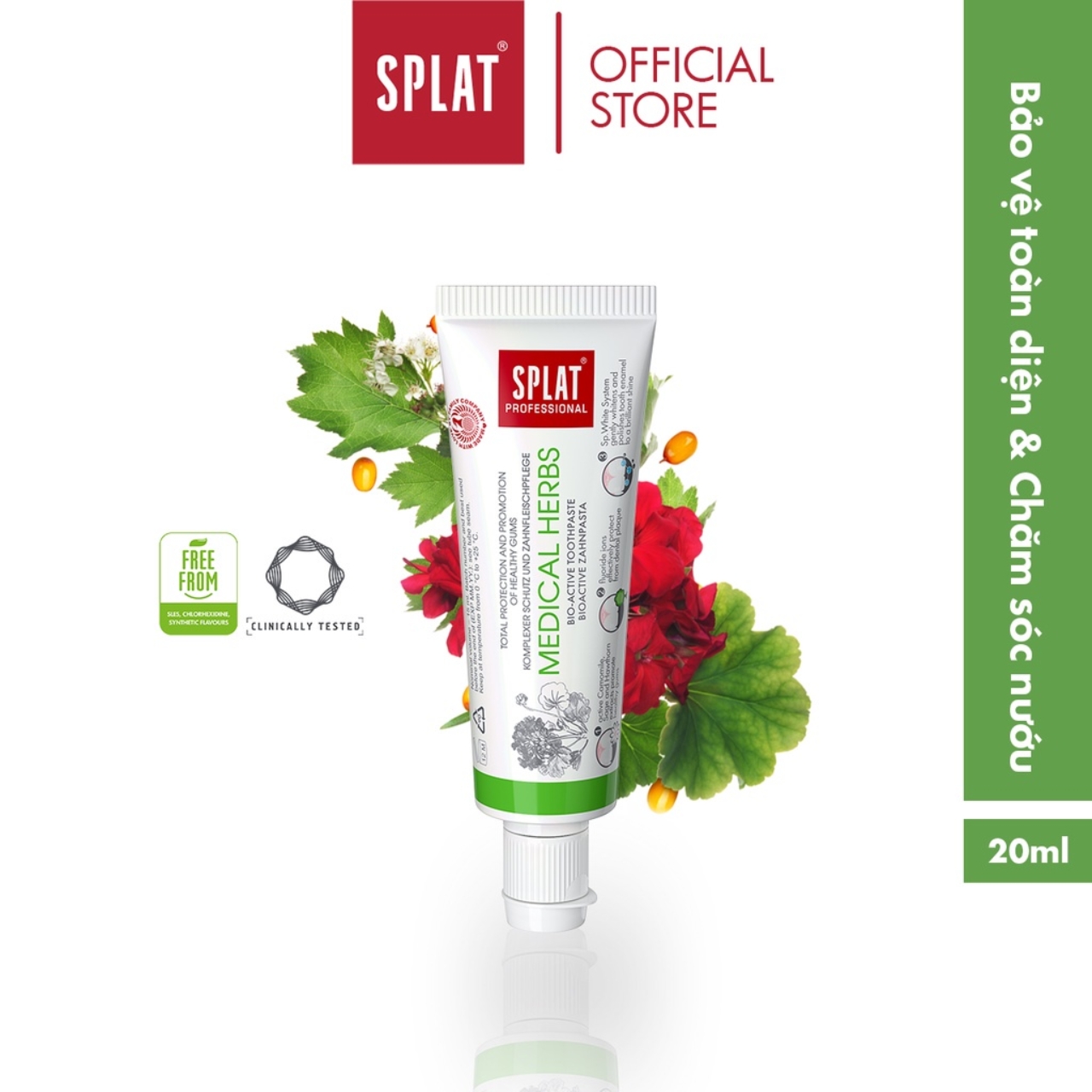 Kem Đánh Răng SPLAT Medical Herbs Professional series chứa nhiều tinh chất bảo vệ nướu và đánh bóng men răng 20ml.