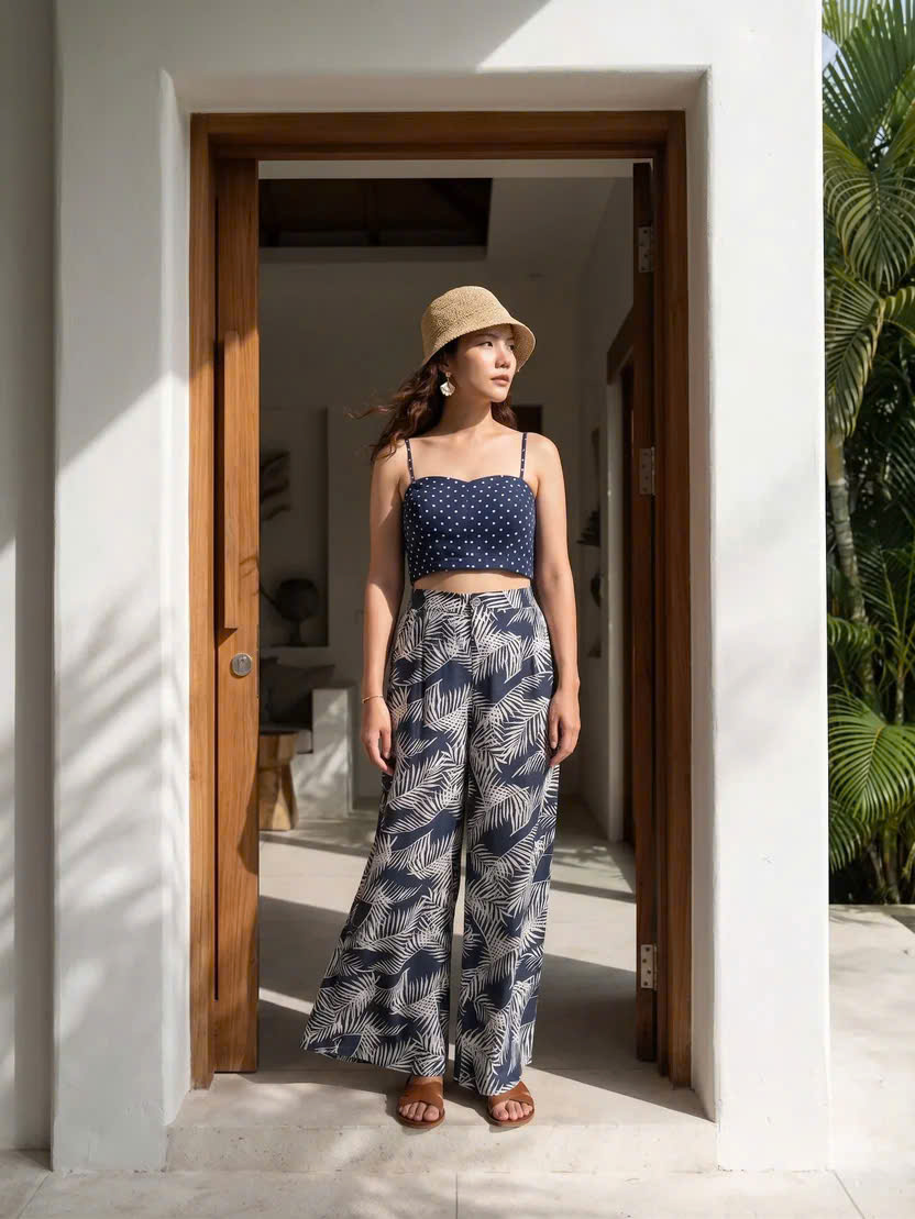 Quần Ống Rộng Linen Lá Cọ Xanh Navy Pan055 Thời trang Hity