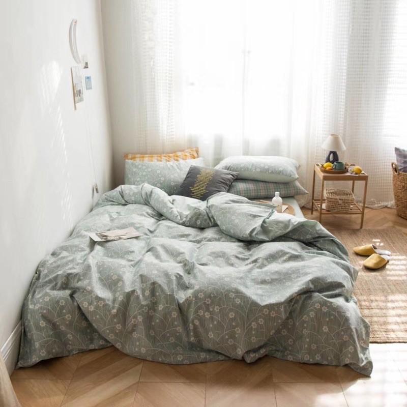 Set Chăn Ga Gối Cotton Living Hàng nhập khẩu Cao Cấp 4 Món Vintage Hoa Nhí Xanh