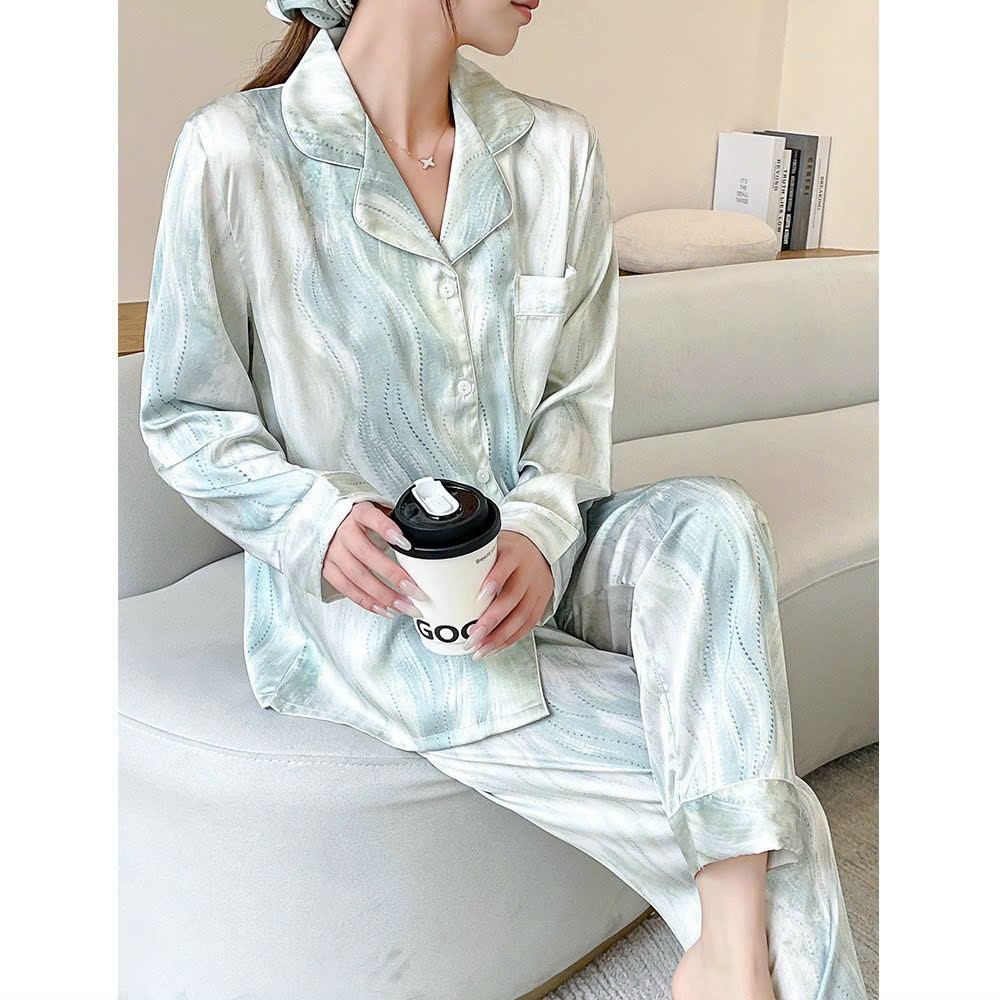 Bộ đồ pijama lụa mịn tô châu tay dài họa tiết loang size M 