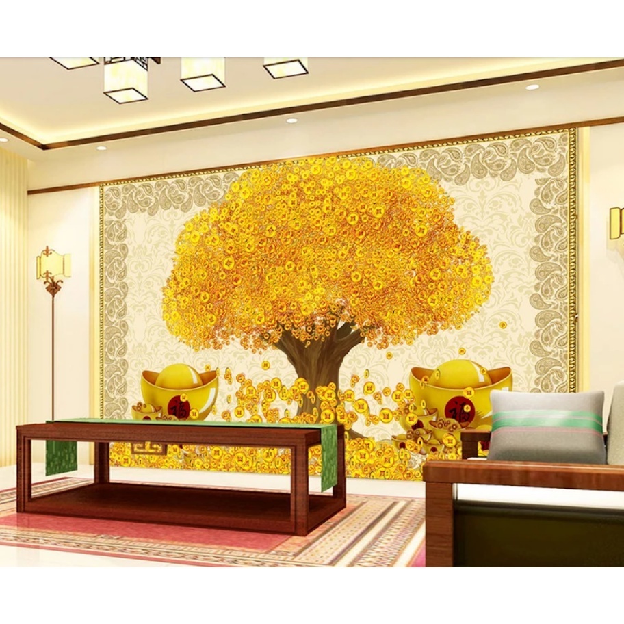 (HCM)Tranh dán tường 3d cây tài lộc may mắn trang trí phòng khách, phòng làm việc thu hút tài lộc