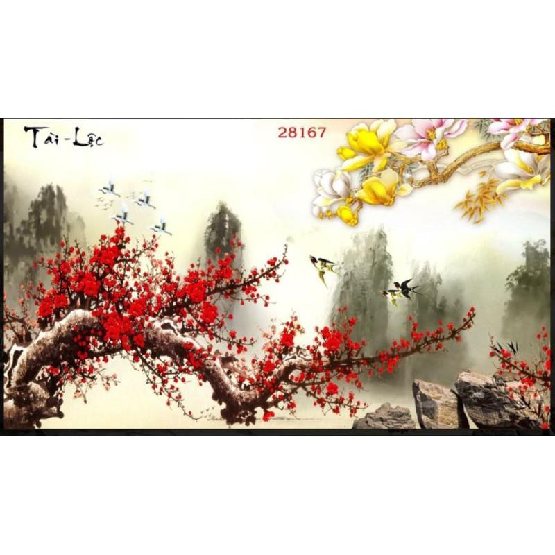 Tranh dán tường hoa đào thư pháp