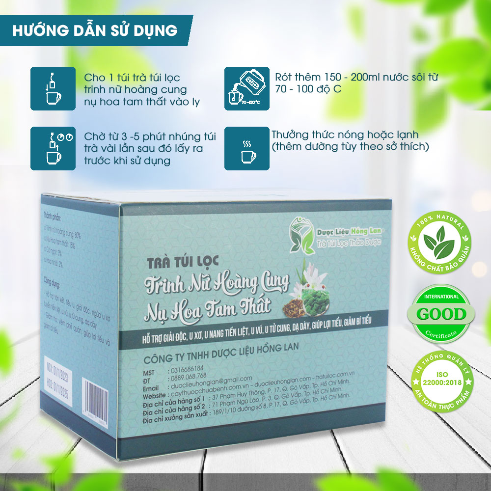 Trà Trinh Nữ Hoàng Cung & Nụ Hoa Tam Thất túi lọc hộp 60g Cty Dược Liệu Hồng Lan - Hỗ trợ giải độc, u xơ, u nang tiền liệt, u vú, u tử cung, dạ dày, giúp lợi tiểu, giảm bí tiểu