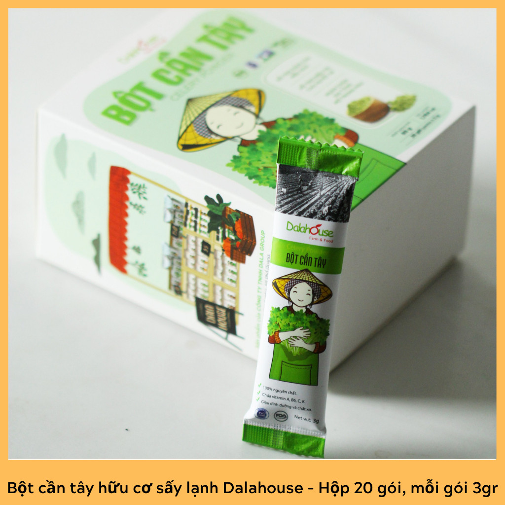Bột cần tây hữu cơ nguyên chất sấy lạnh Dalahouse - Hộp 20 gói nhỏ 3gr định lượng sẵn cho 1 lần sử dụng - Hỗ trợ giảm cân, cao huyết áp, ngăn chặn gia tăng mỡ trong máu
