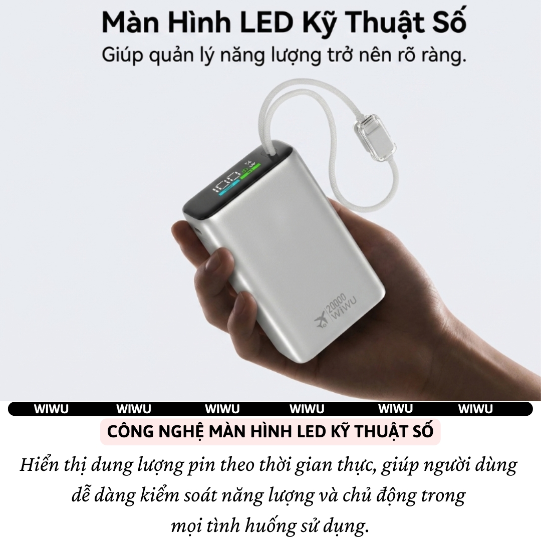 Pin sạc dự phòng PD 3.0 sạc nhanh 45W 20.000mAh tích hợp dây Type C + L(iP)  WIWU POWERPLUS Cho iPhone Laptop Macbook - sạc nhanh ổn định, tối ưu hiệu suất, Chuẩn an toàn 3C / CCC / CE / RoHS,  Thiết kế nhỏ gọn, cao cấp - Hàng nhập khẩu