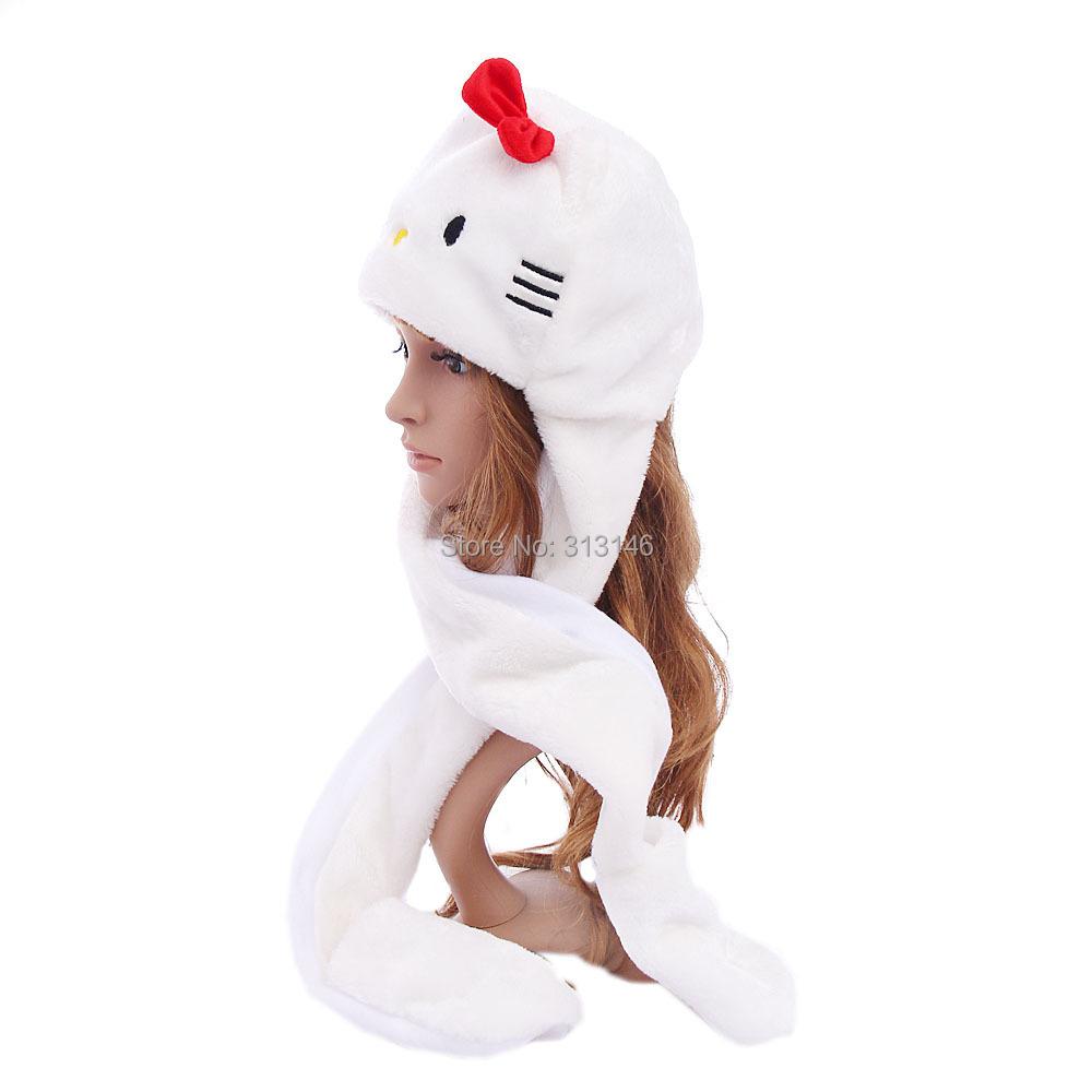 Phim hoạt hình Động Vật Sang Trọng Faux Fur Đầy Đủ Mui Xe Màu Trắng Cat Hat Phụ Nữ Cô Gái Trẻ Em Trang Phục Beanie với Khăn Dài Găng Tay Găng Tay earmuffs