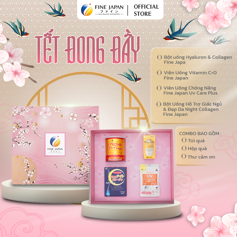 [Hộp quà Tết 2023] SAKURA TẾT ĐONG ĐẦY Fine Japan tặng người phụ nữ bạn yêu (Collagen, Vitamin CD, Viên uống chống nắng, bột uống ngủ ngon)