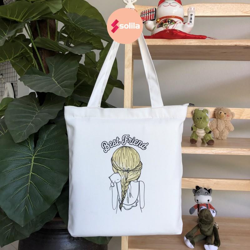 Túi tote bag vải canvas mềm đẹp có khóa và túi phụ cho bạn nữ đi học đi làm thời trang hàn quốc