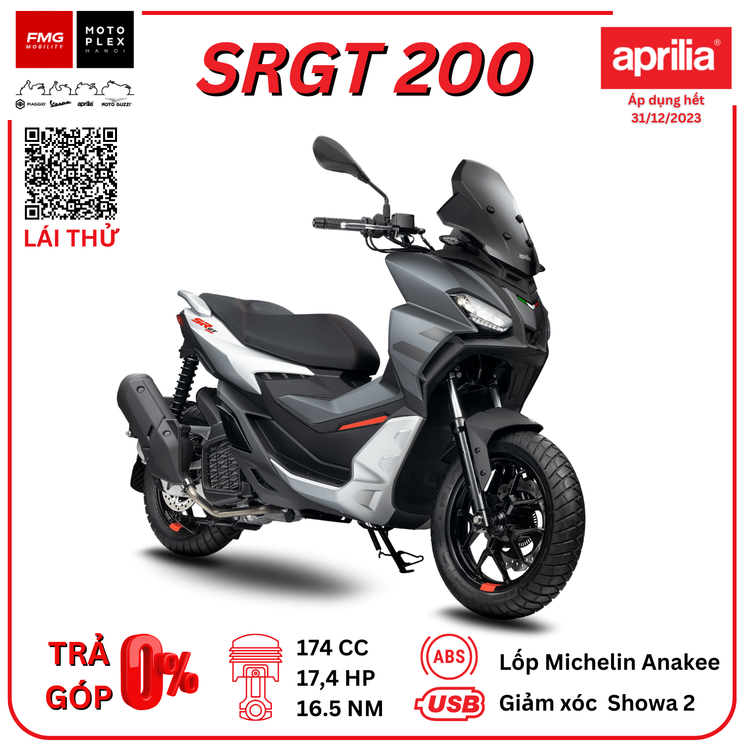 Aprilia SRGT 200 - Xe ga đa địa hình 174cc | Thương hiệu Aprilia của Ý thuộc tập đoàn Piaggio Việt Nam