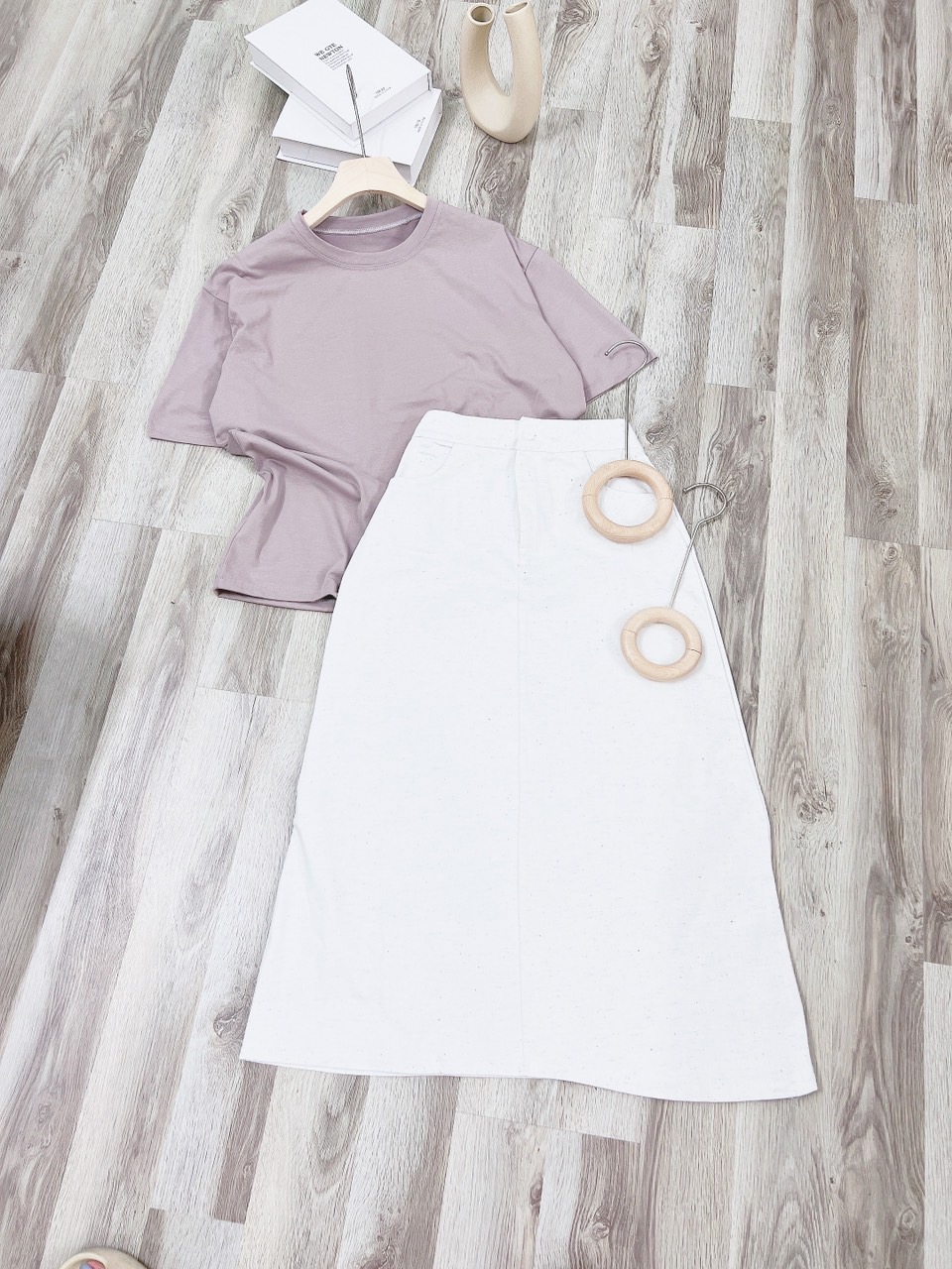 (Ảnh Thật) Set Chân Váy Midi Kaki Phối Áo Thun